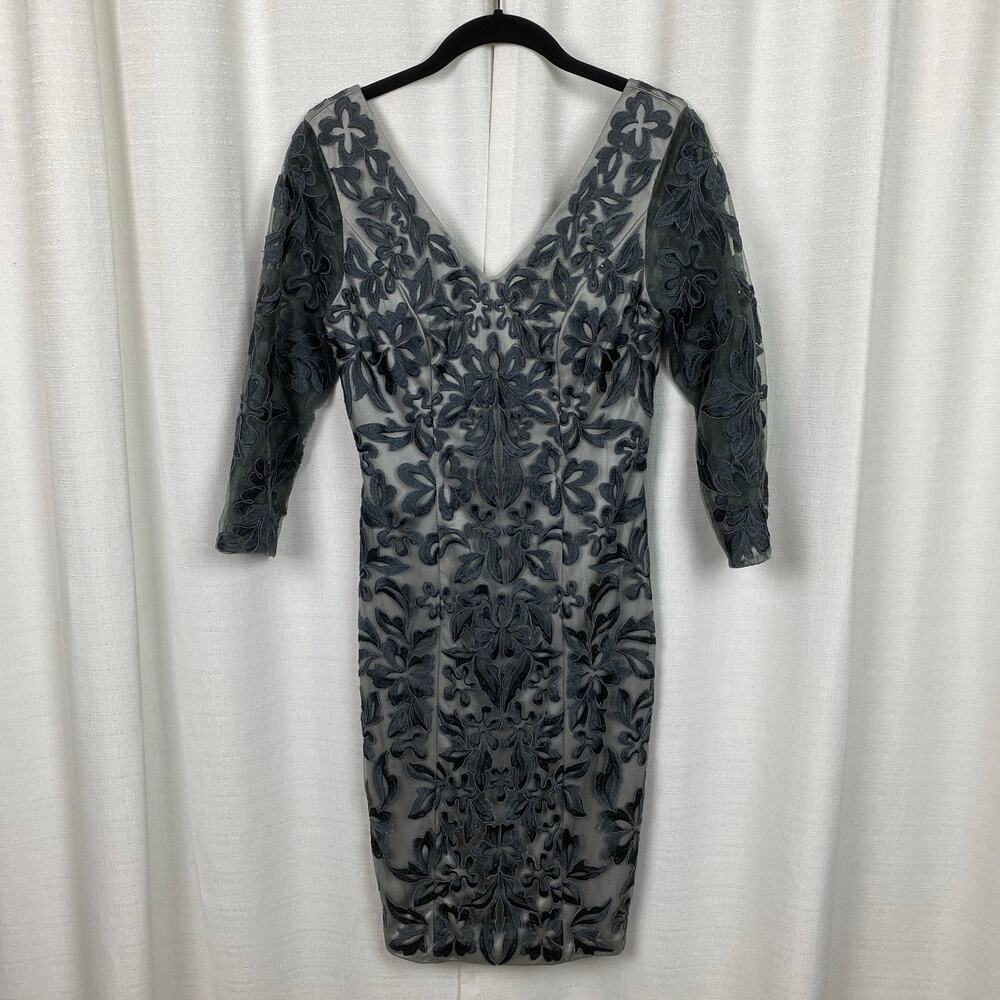 Sue Wong Nocturne Grey Ribbon Embroidered Sheath Cocktail Dress Sz.2